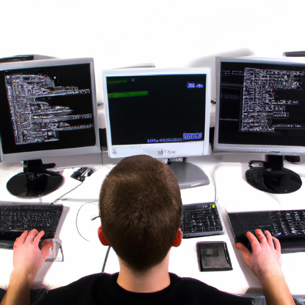 Person coding on multiple computers